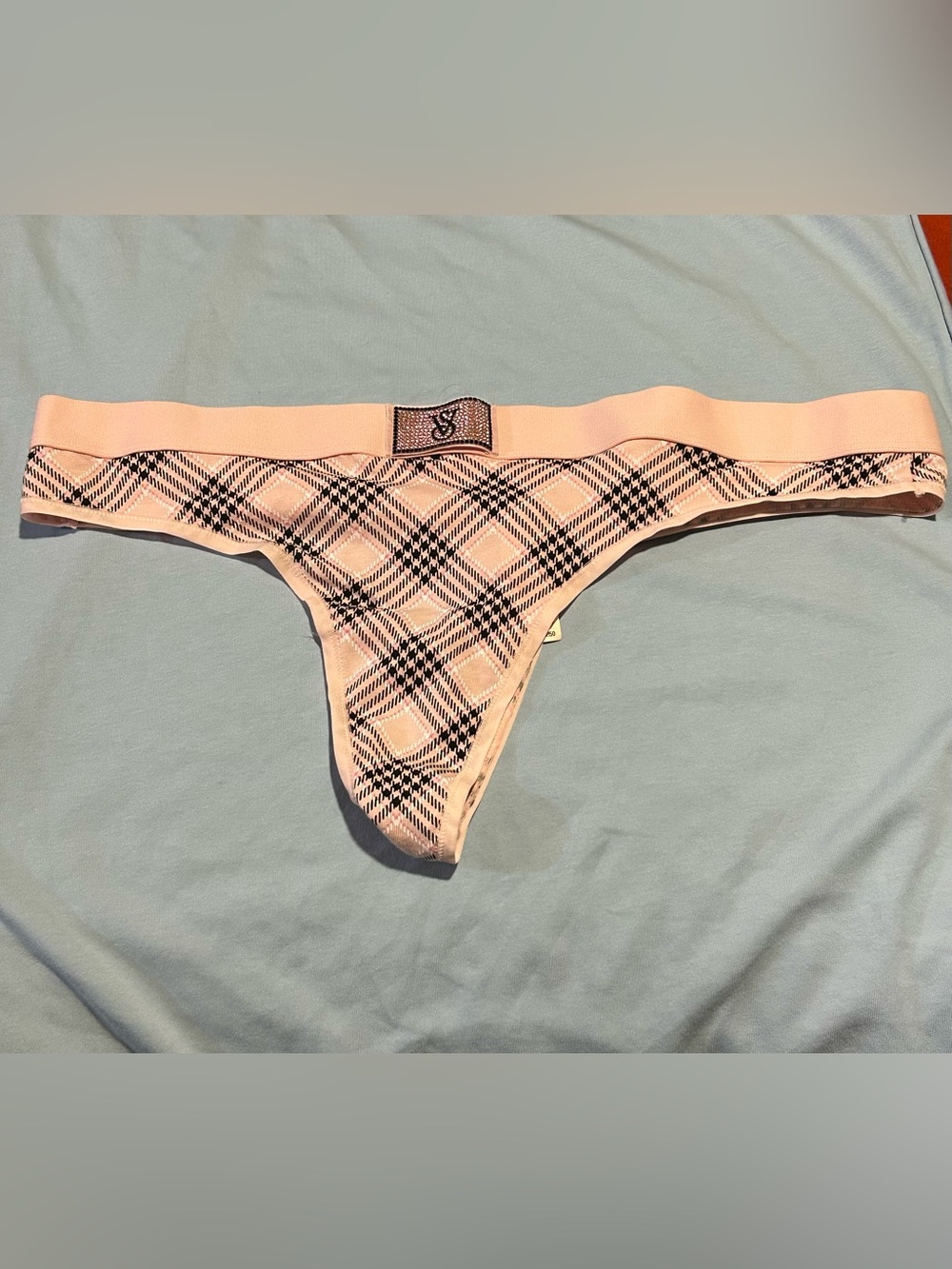 Victoria's Secret pink plaid thong with a sparkling rhinestone "VS" logo. NWT